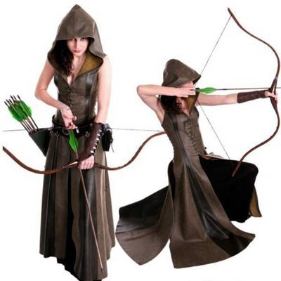 Kadın Okçu Cosplay Kostümü Kapşonlu Suni Deri Uzun Elbise Kolsuz Ortaçağ Yetişkin Cadılar Bayramı Kostümü Savaşçı Takımı