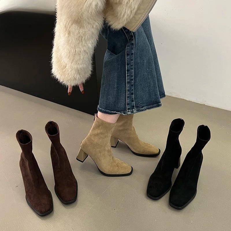 Vintage Thick Heel Square Toe Women Ankle Boots Ladies Elegant Mordern Short Botas Autumn Winter Zapatos De Mujer