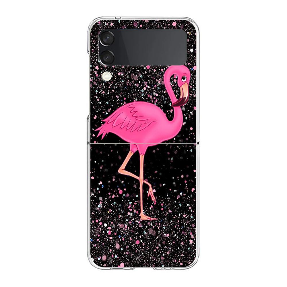 Phone Case For Samsung Galaxy Z Flip 3 4 5 Hard Folding Clear PC Bumper Lovely Pink Flamingos Leaf For Samsung Z Flip 6 Cover