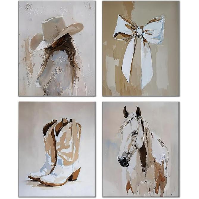DOFQZ Western Coastal Cowgirl Wall Art Prints Set of 4, Coastal Cowgirl Room Decor, Neutral Country Western Coquette Bow Boots Horse Posters for Home 01Child