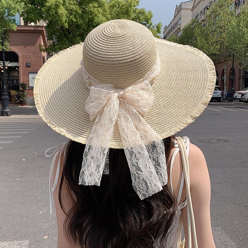 Women's Summer French Style Lace Bowknot Straw Hat Wide Brim Sun Protection Hat Beach Vacation Sun Hat Fashionable Headwear for Seaside Trips