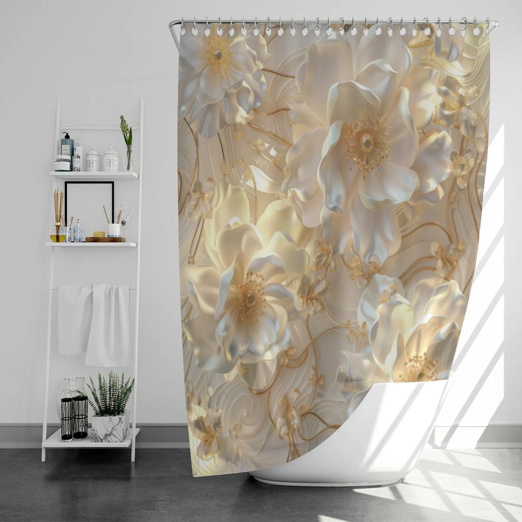 1PC 3D relief flower pattern printed shower curtain, waterproof, with 12 hooks, bathroom showers, bathtub, home use