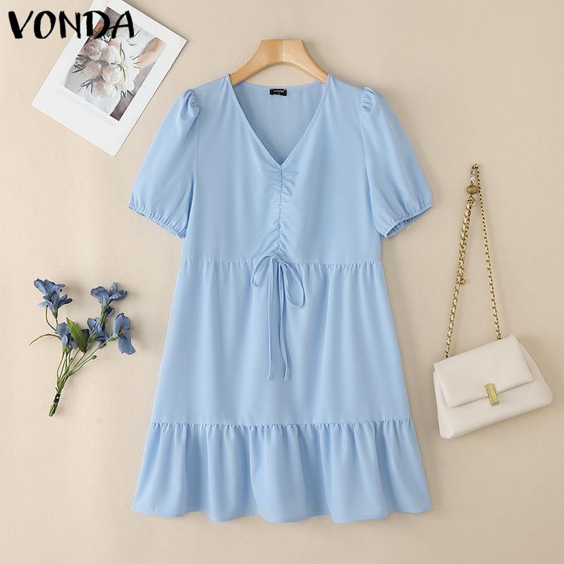 

VONDA Женское летнее платье с V-образным вырезом, коротким рукавом, однотонное, с драпировкой L синий