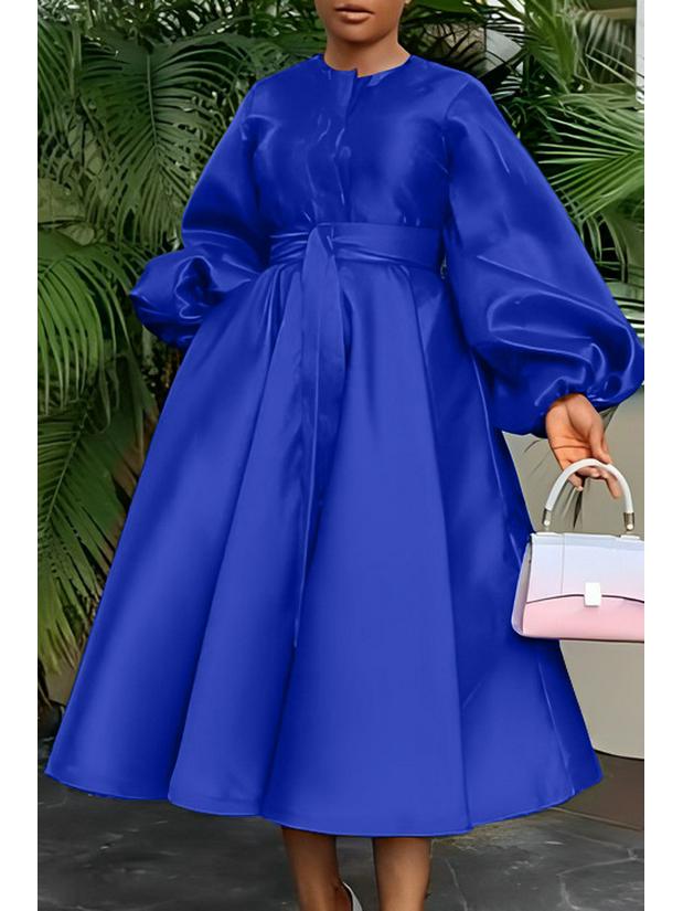 BN311 Vestito da Donna Europeo e Americano a Manica a Lanterna, Monocolore - Lucido, Vestibilità Larga, Collezione Autunno/Inverno