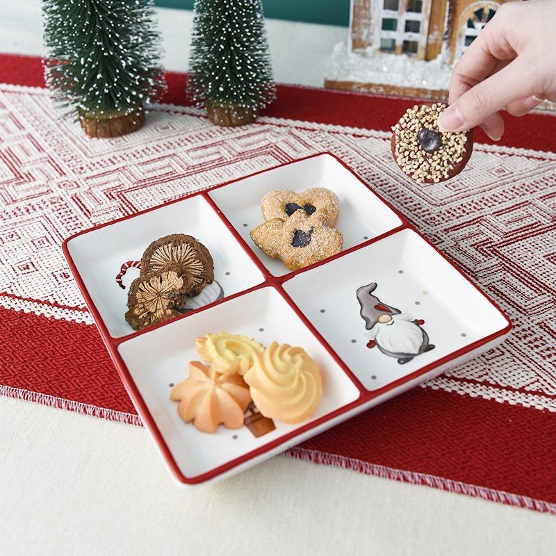 Nordic Square Ceramic Divider Plate Nordic Santa Claus Plate Christmas Decorative Tableware Ceramic Snack Plate Holiday Ornament