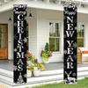 Happy New Year Porch Banner Holiday Party Decoration Black And Silver Hanging Door Sign Outdoor Indoor Festive Wall Decor Snowflake Reindeer Design