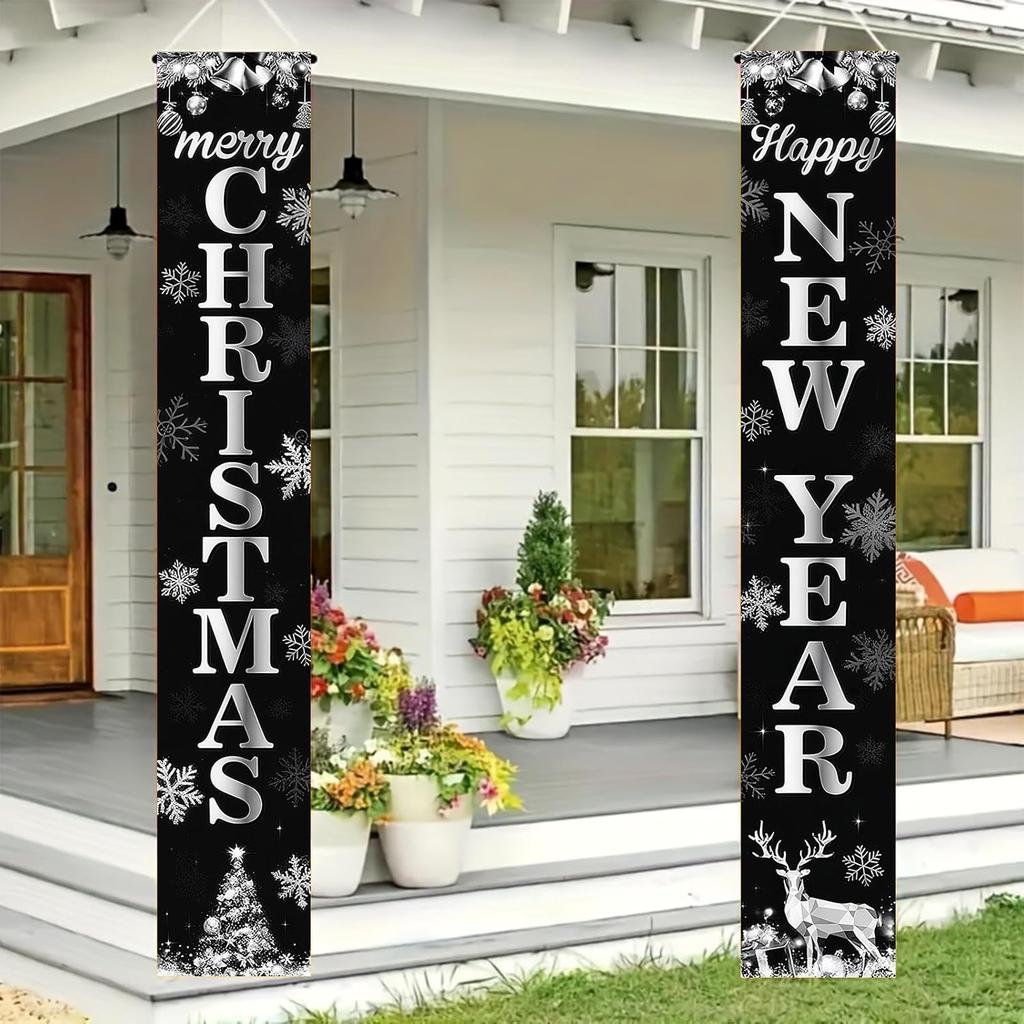 Happy New Year Porch Banner Holiday Party Decoration Black And Silver Hanging Door Sign Outdoor Indoor Festive Wall Decor Snowflake Reindeer Design
