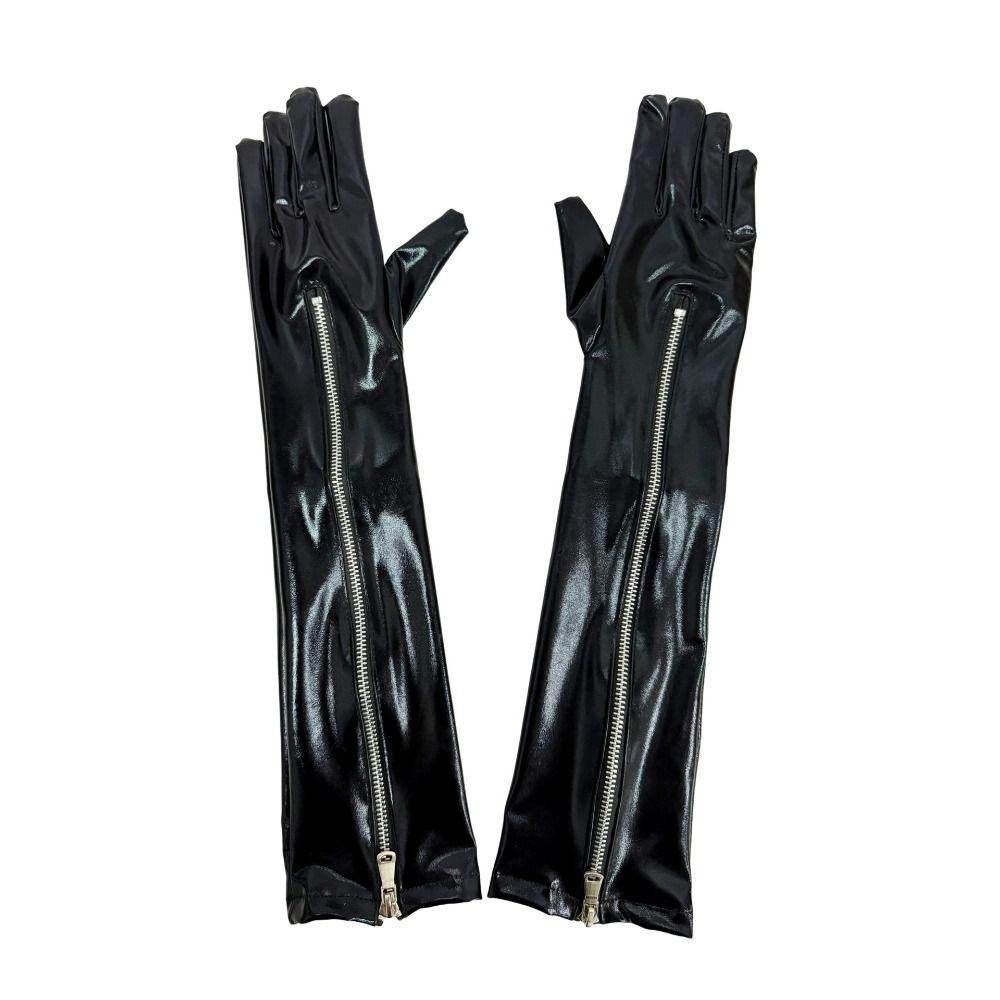 Cloth Zipper Long Gloves Elastic Women Gloves Patent Leather Black Gloves Dance Stage Performance