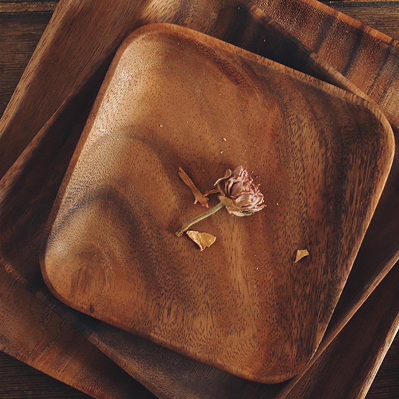6Pcs Wood Plates Square Rectangle Wooden Plate Set Acacia Wood Serving Dish Fruit Dessert Cake Plate Wooden Utensils Tableware