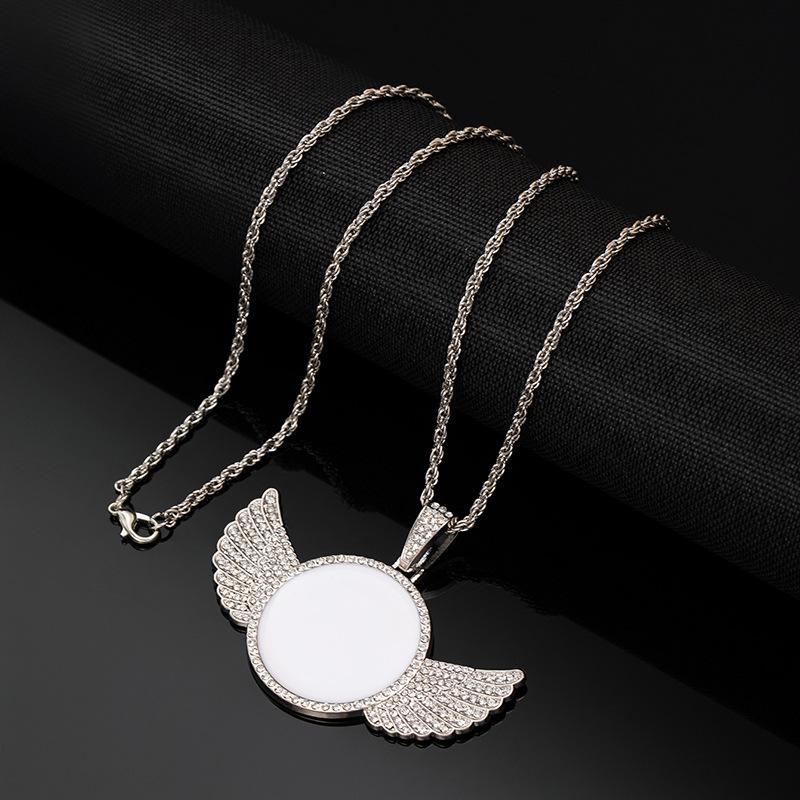 Htpwe Angel Wings Mirror Photo Memorial Pendant Inlaid with Ice Crystal Zirconia Necklace Couple Trendy Zircon Birthday Gift