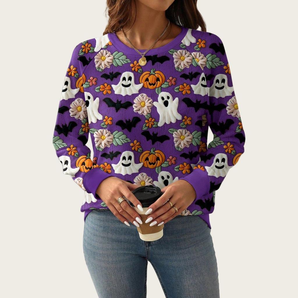 Ladies Spring Autumn Ghost Pumpkin Halloween O Neck Long Sleeve Pullover Hoodies Sweatshirt Top