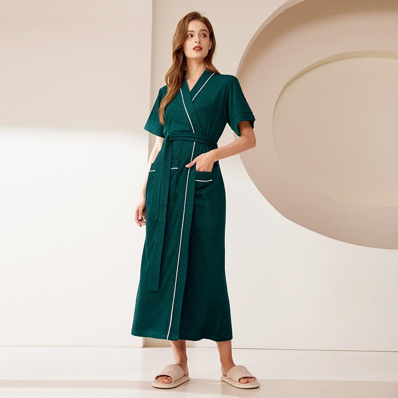 Women's Spring Summer Long Soft Terry Cloth Bathrobe Couples Short Sleeves Robe with Pockets V Neck Lace Up Sleepwear