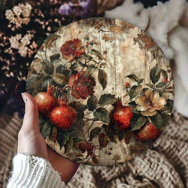 Metal Wall Art Vintage Pomegranate Flower Poster, Retro Kitchen Decor