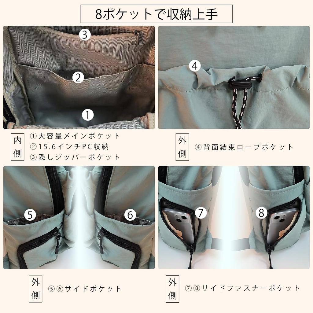 Mochila Pequena Feminina ROSE NOIRE, Cabe em Laptops de 15,6 polegadas, 8 Bolsos, 370g, Leve, Estilosa, Grande Capacidade, Impermeável, Tamanho A4, Nylon