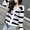 Autumn and Winter Casual Black and White Striped Sweater Loose Lazy and Thin Cardigan Knitted Cardigan Top