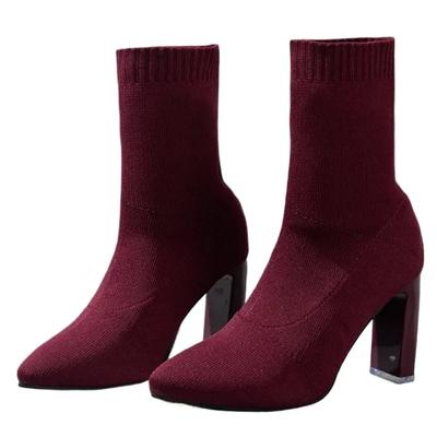 Mode SyfIyno Nouveau Vin Rouge Noir Femmes Bottes Bout Pointu Chaussures Élasticité Tricot Court Printemps Automne Chaussures Élégantes Chaussures À Talons Hauts