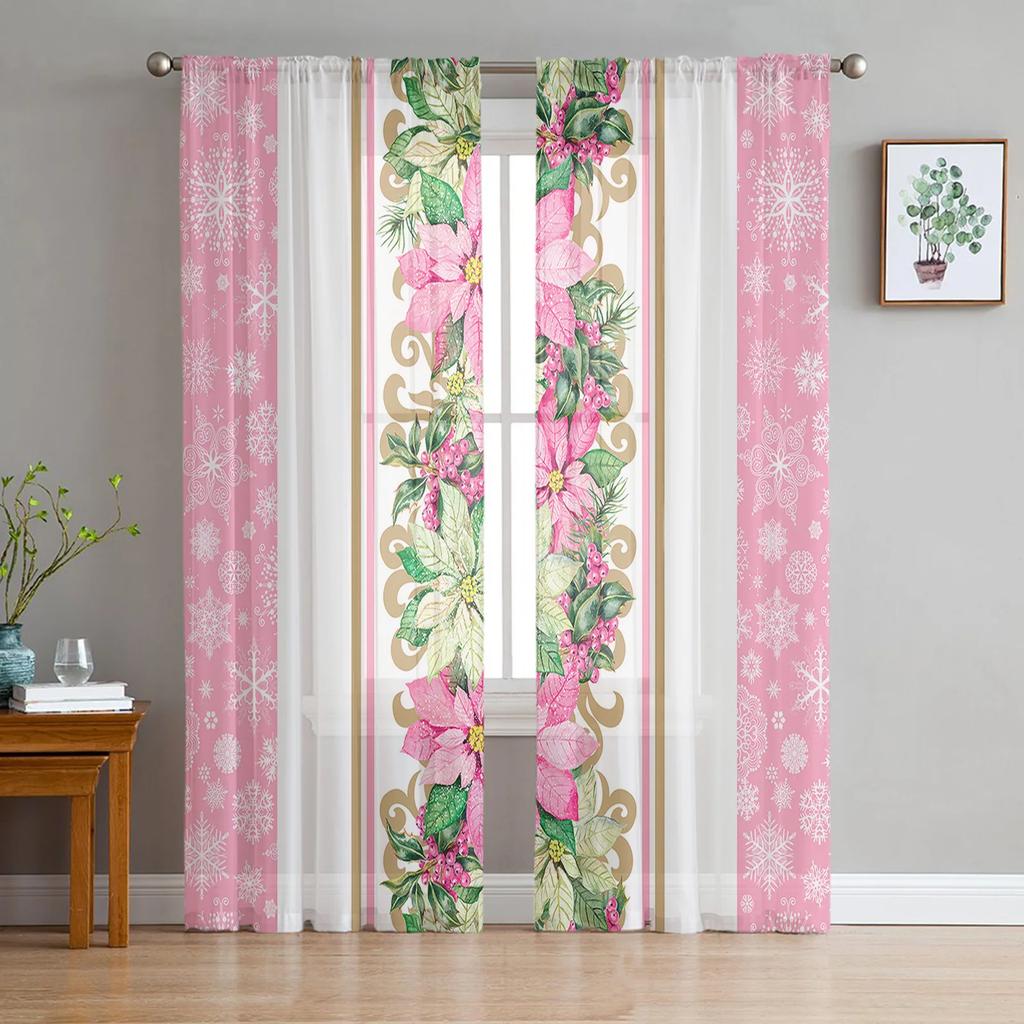 Christmas Snowman Snowflake Red Yarn Curtain Window Tulle Curtains For Living Room Kitchen Window Sheer Voile Curtains