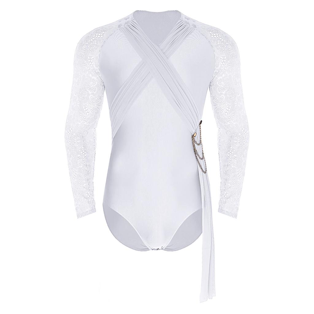 Mens Latin Dance Bodysuit Sheer Floral Lace Long Sleeve Ruched Mesh Layer Drape Chain Tassel Leotard Jumpsuit