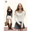 Shiyiyue Spicy Girl U-Neck White Long-Sleeve T-Shirt for Women, Autumn and Winter Design, Slim Fit Inner Layer, Short Top
