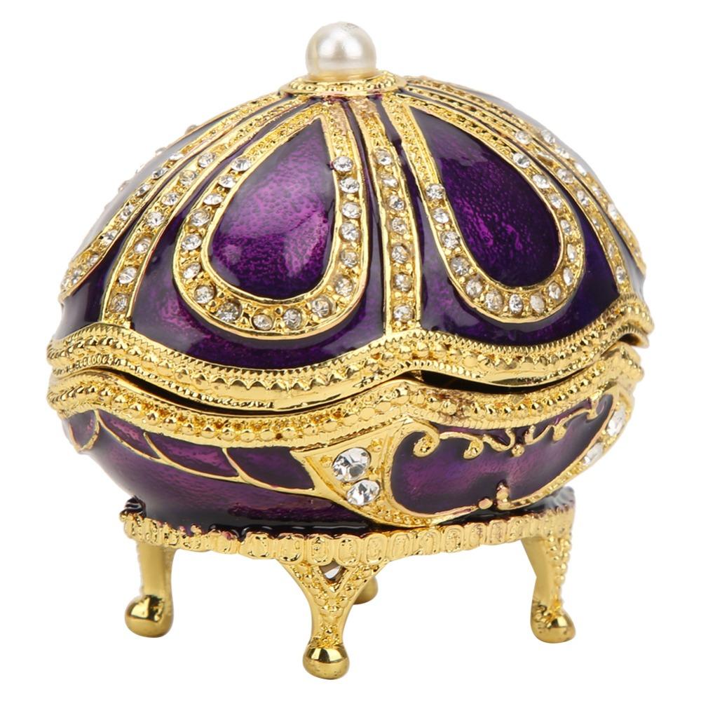 Hinged Lid Metal Trinket Box Purple Enamel Rhinestone Ornament Enamel Jewelry Box Home Decor
