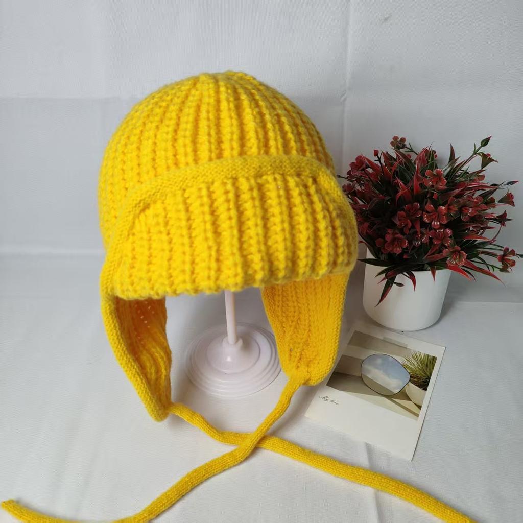 Handmade knitted wool hat Children's autumn and winter warm ear protection headgear strap Lei Feng hat