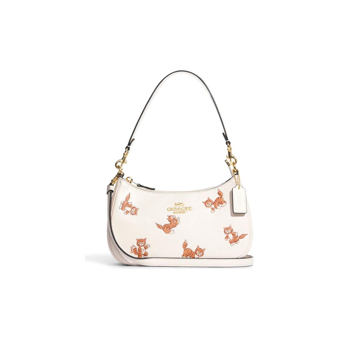 Coach Women's White Teri 26 Animal Badge Series Cat Pattern Animal Print Leather Shoulder Bag Shoulder Bag Chalk- Cc777-Imcah