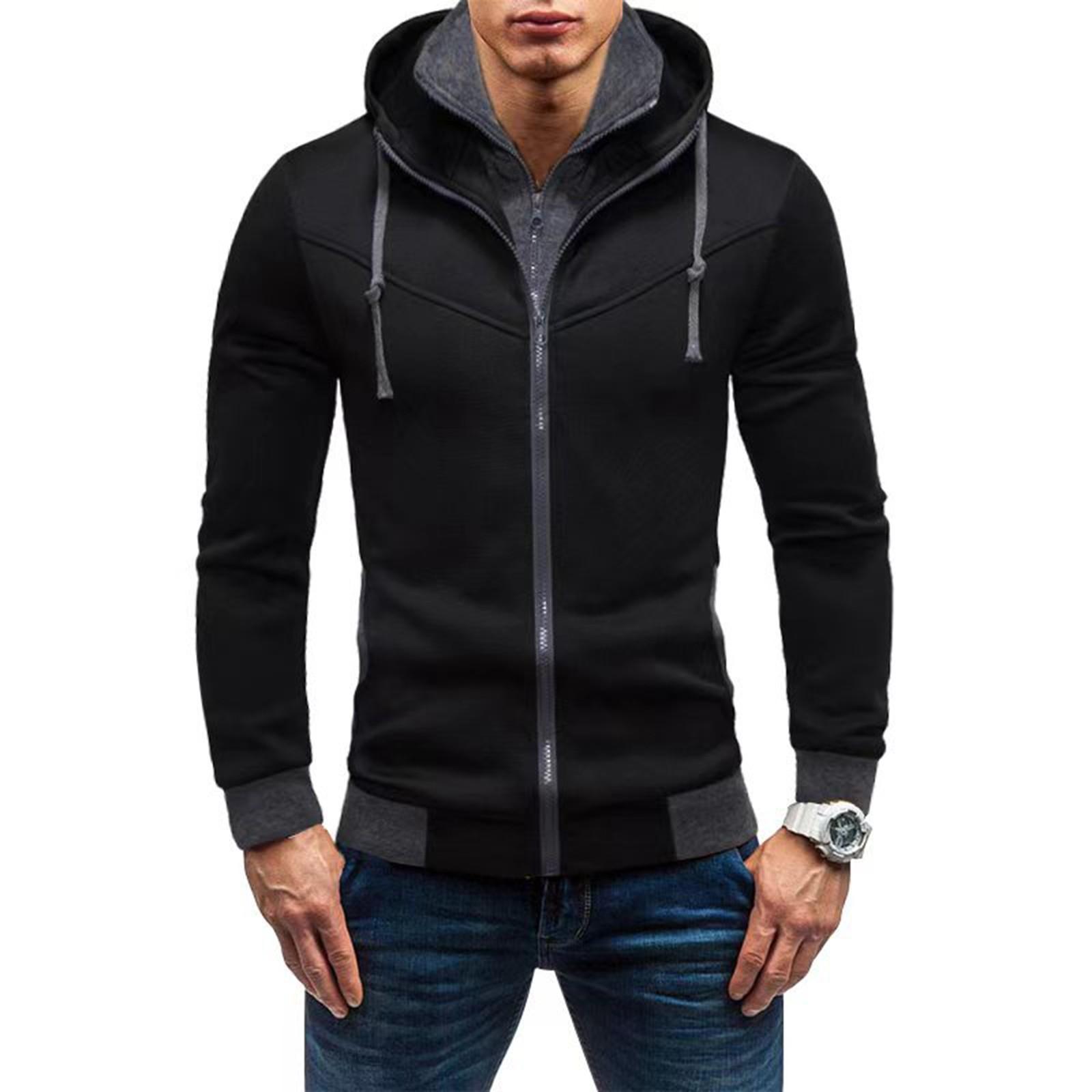 

Men s Casual Slim-Fit Contrast Color Hooded Cardigan Sweatshirt Thin Jacket XL чёрный