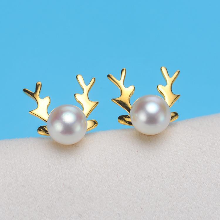Korean Fashion S925 Sterling Silver Freshwater Pearl Antler Stud Earrings, Simple Christmas Gift for Women