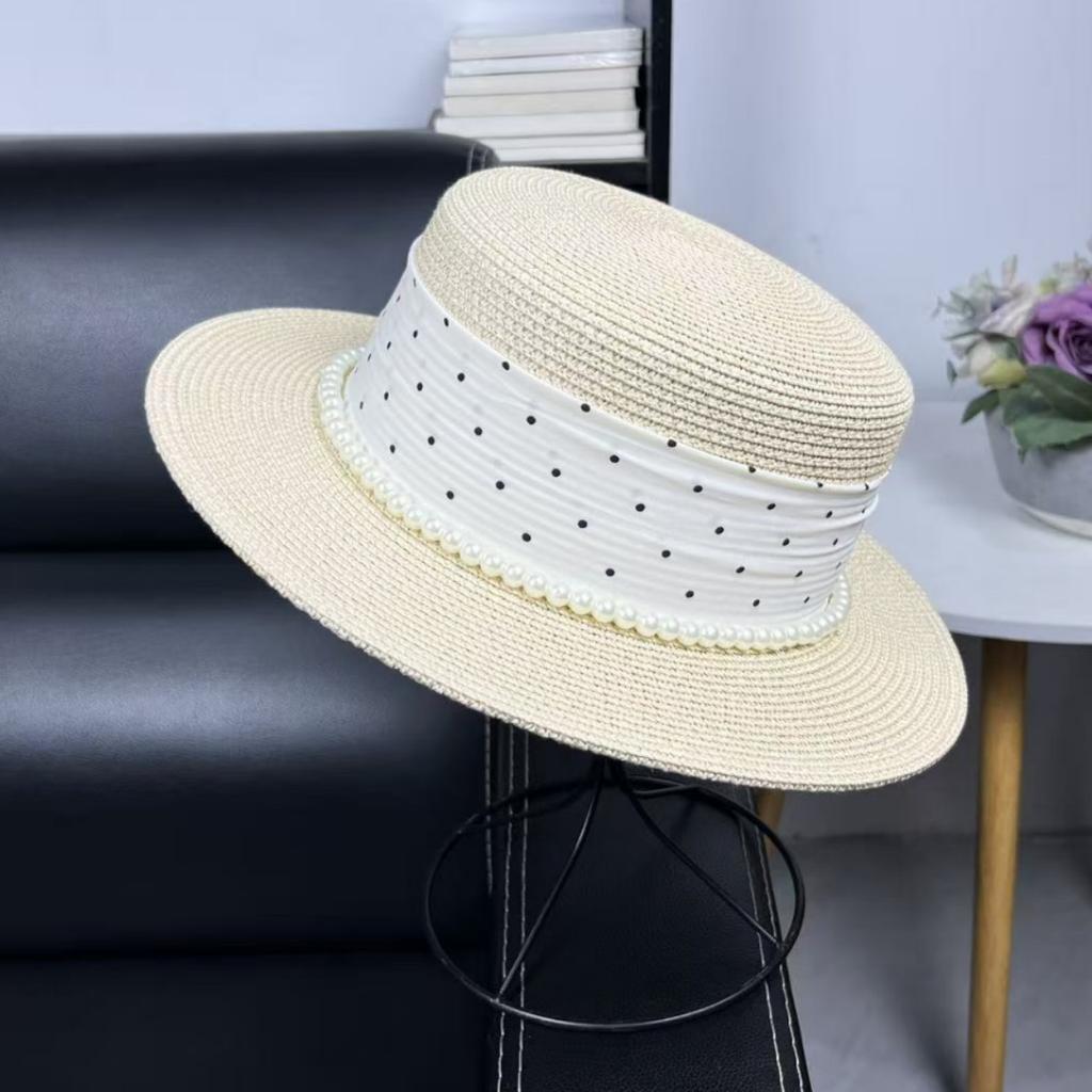 French Vacation Style Polka Dot Flat Top Top Hat Women's Summer Elegant Pearl Straw Hat Travel Seaside Sun Protection Hat