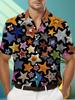 Men's Vintage Bohemian Button-Up Short Sleeve Shirt - Collar Beach T-Shirt with Geometric Star Print, Regular Fit Casual Button-Front Top Suitable for