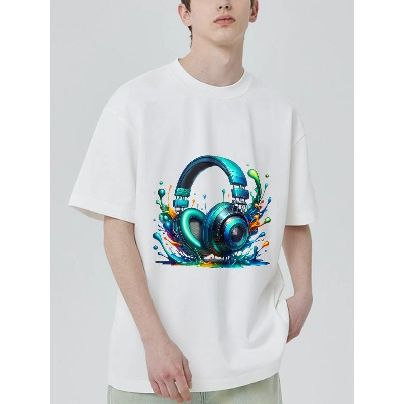 Black T Shirt with Colorful Headphones Splash Design for Music Lovers and Casual Wear