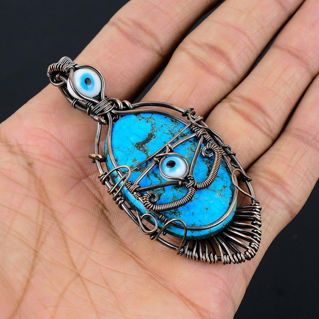 Tibetan Turquoise & White Evil Eye Pendant, 999 Copper Wire Wrapped Gemstone Jewelry, Handmade Pendant, For Thanksgiving
