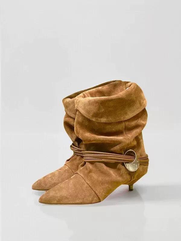 

Коровья кожа 2025 осень новая ретро кожа острый носок морщинистые модные ботинки ковбойские ботинки женские на низком каблуке с присборенным голенищем короткие ботинки 38