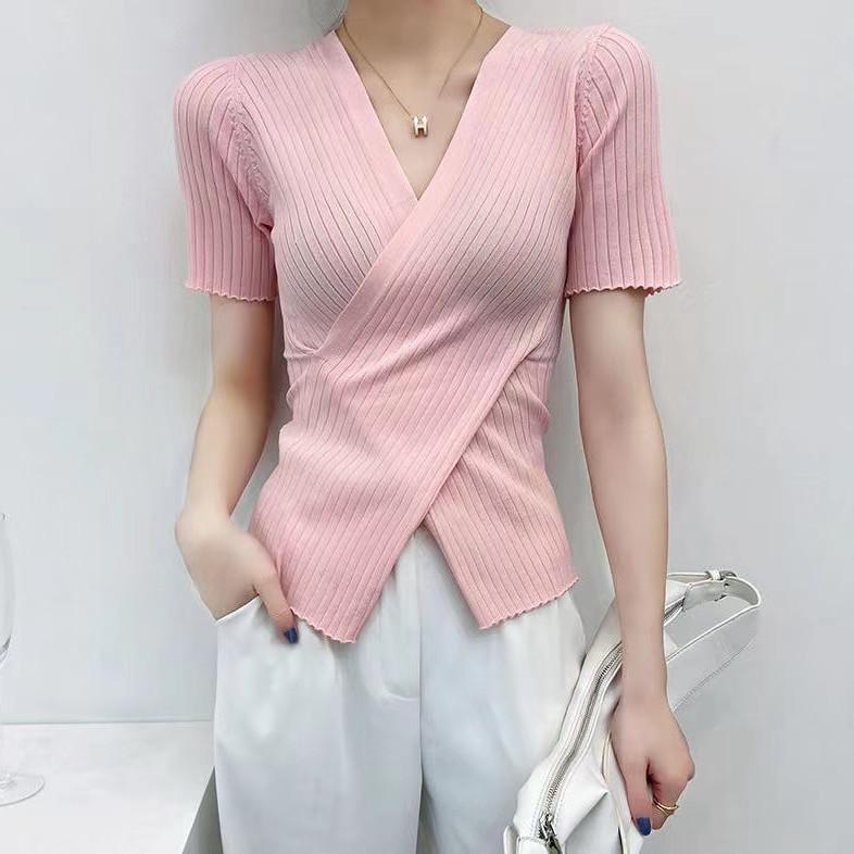 Irregular Cross Knit Short-sleeved Female Summer Bottoming V-neck Hundred Matching Solid Color Tops T-shirt Female Casual Slim Fit Pullovers Tees