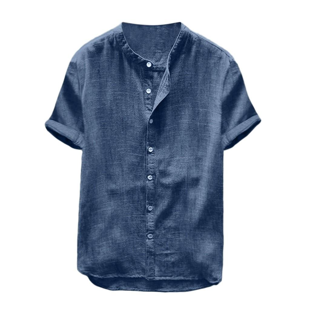 Men's Casual Loose Shirt Solid Color Thin Cotton Linen T-shirt Top