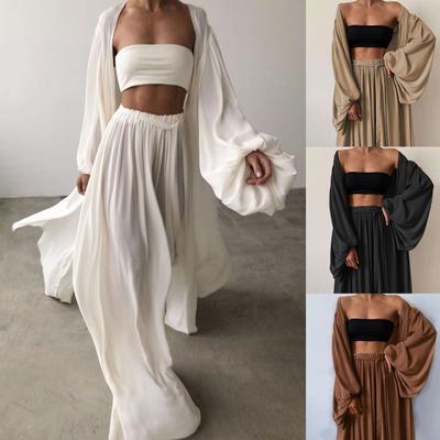Roupa feminina cor sólida manga comprida cardigan tubo top calças perna larga