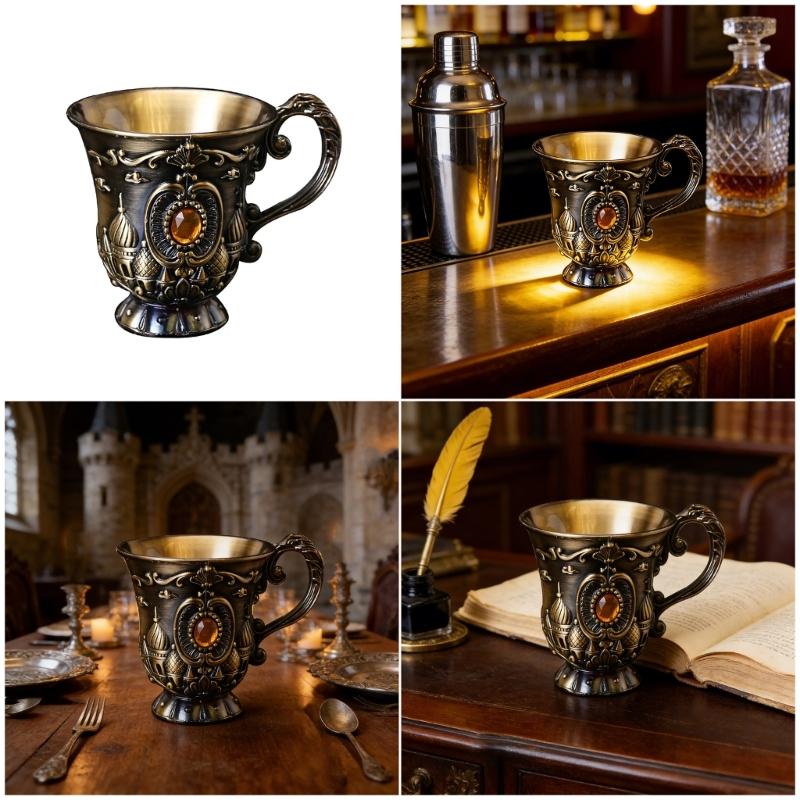 Classical Antique Metal Chalices Goblet with Handle Retro Engraving Small Shot Glass Wine Cup For Parties And Collectors