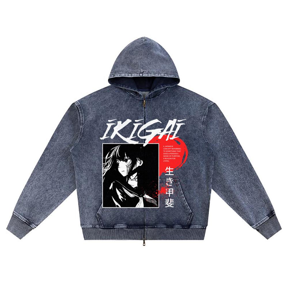

DTG print Knitted Denim Zip-Up Hoodie Ikigai Japanese Style Brother Print Zipper Hoodies XL темно-синий