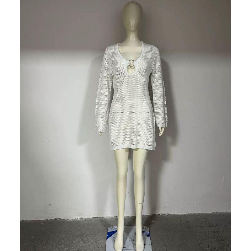 

Elsa European and American Women s Clothing Fashion Sexy Ring Long Sleeves Cut Out Beach Dress Seaside Dress Bikini Blouse for Women White S