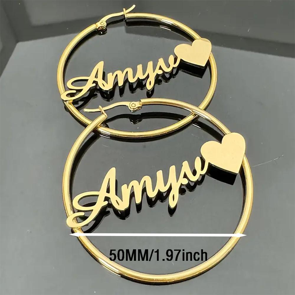 Elegant Custom 50mm Hoop Earrings For Women Personalized Name Heart Ear Piercing Stainless Steel Jewelry Romantic Wedding Gift