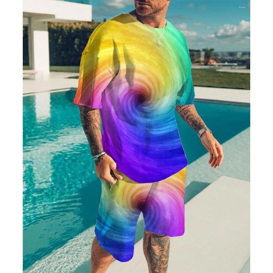2024 New Men's Round Neck T-shirt Set Printing Optical Illusion Pattern T-shirt Two Piece Set Fashion Men's Summer T-shirt Set