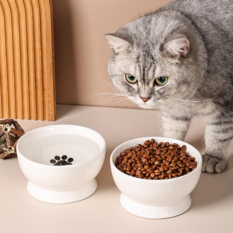 Ceramic Tall Footed Drinking Water Food Bowls, Anti Overturning Neck Protection Flat Mouth Snacks Cat Bowl, Pet Articles, 1Pc