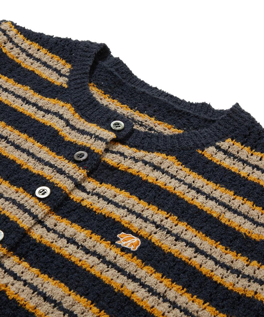 PENFIELD Striped Round Neck Boucle Ribbed Women'S Short Sleeve Cardigan Navy_Fs2Nj03F