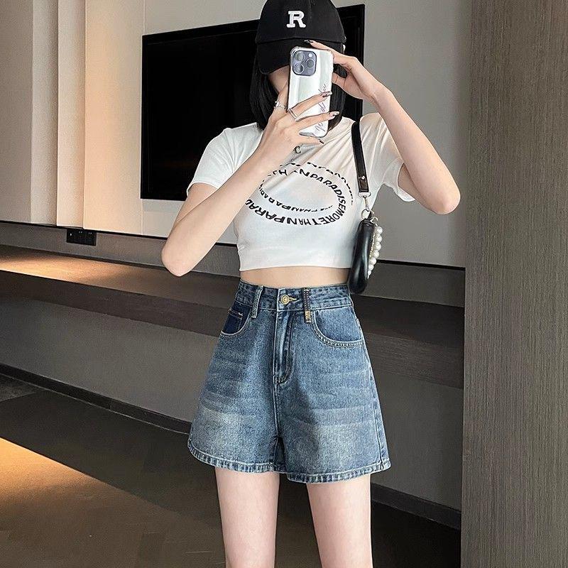 Women's High-Waisted Colorblock Denim Shorts 2025: New Loose A-line Design with Slimming Wide Legs and Pockets.