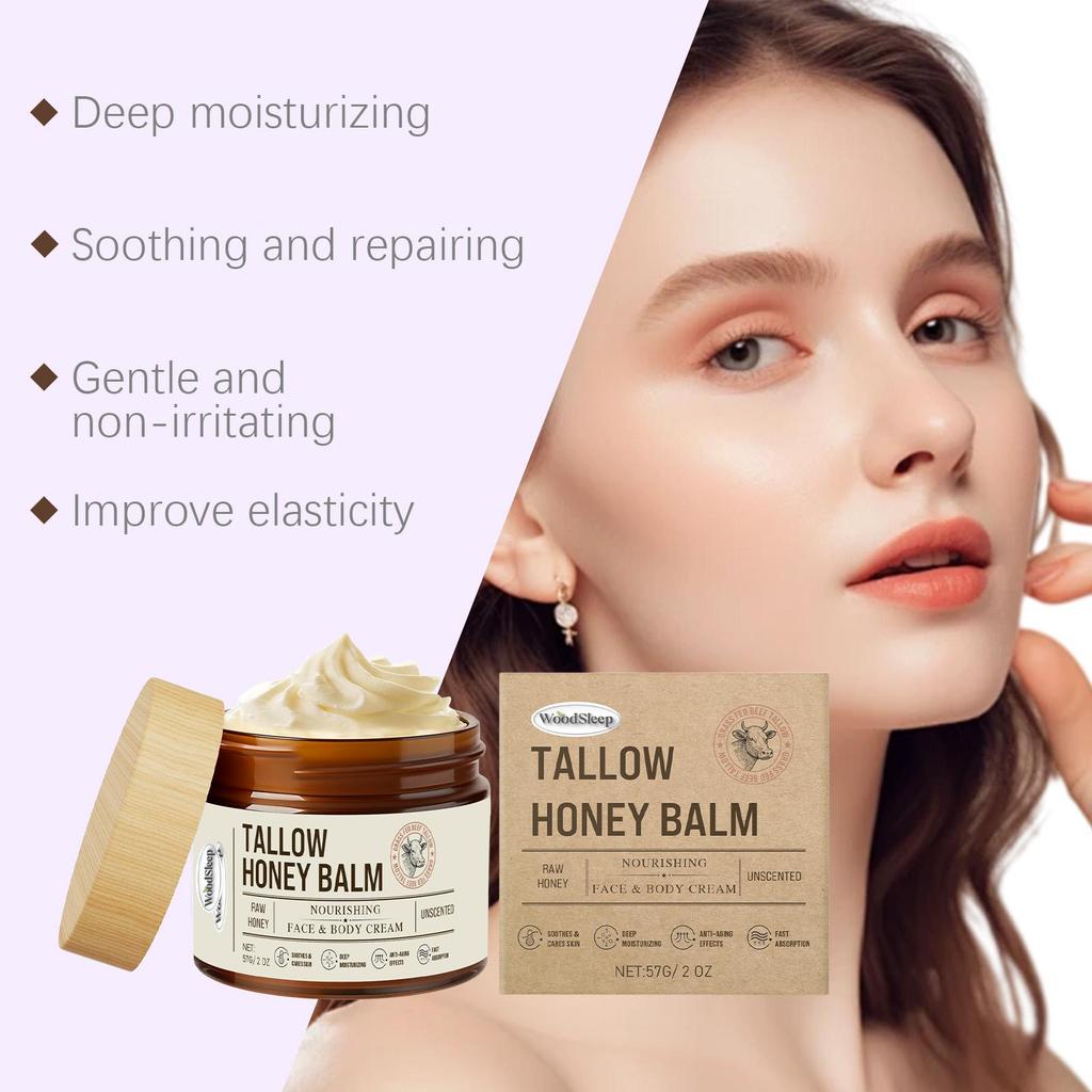 Woodsleep Natural Tallow Honey Balm Deep Moisturizing Soothing Repair Dry Sensitive Skin Non Greasy Facial Body Daily Care 57g
