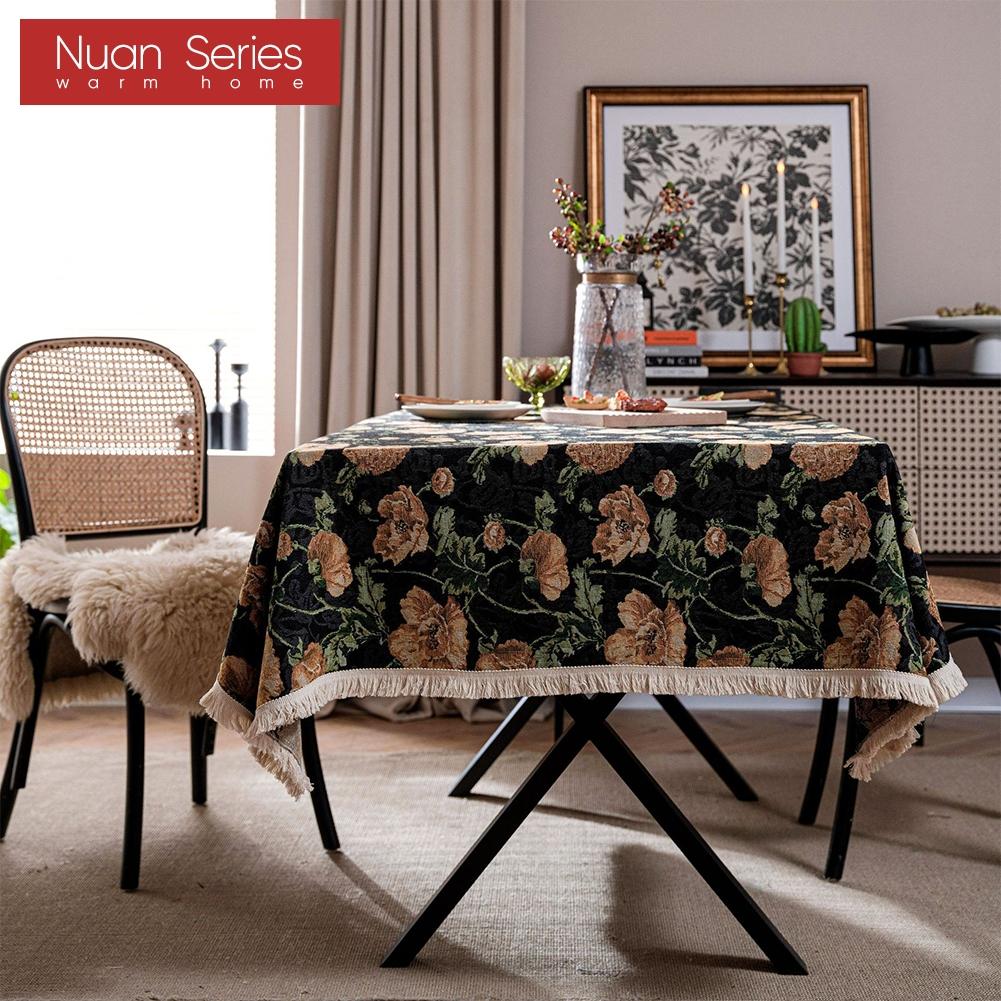 1PC Nuan Series Artistic Jacquard Romantic Style Polyester Tablecloth with Tassels for Dining Table Coffee Table Makeup Table Home Decor