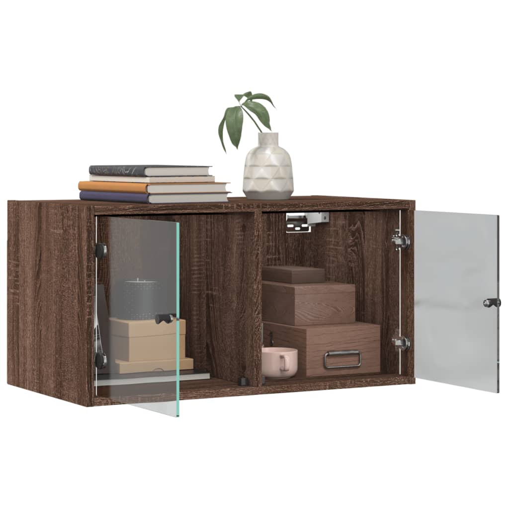 Wall Cabinets with Glass Doors Set of 2 Brown Oak Effect