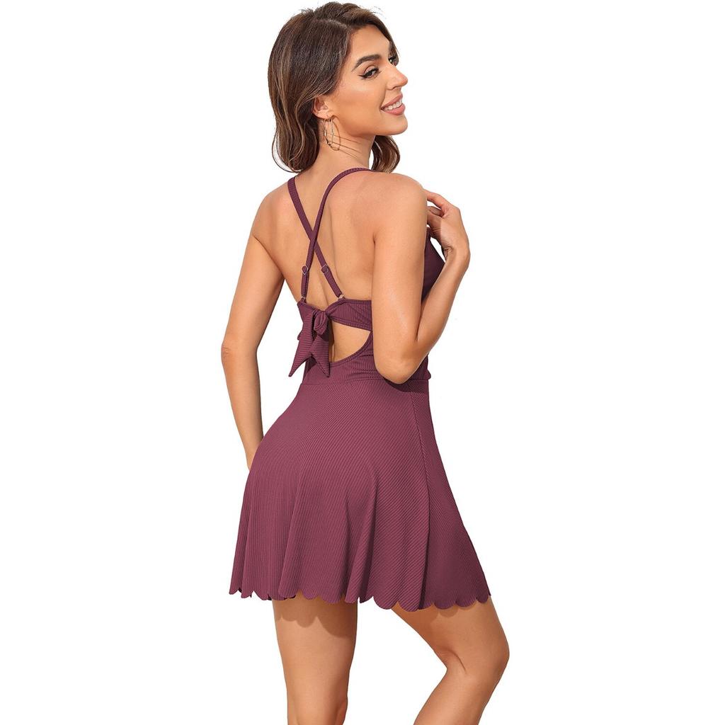 CHARMLEAKS Jednoczęściowy kostium kąpielowy żebrowany dla kobiet, falbaniasty, modelujący brzuch, z dekoltem w serek, marszczony kostium kąpielowy ze spódniczką