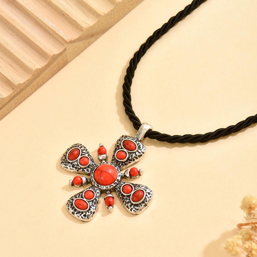 Fashion Alloy Cross Pendant Necklace with Ruby Red Crystal Vintage Bohemian Long Chain Jewelry