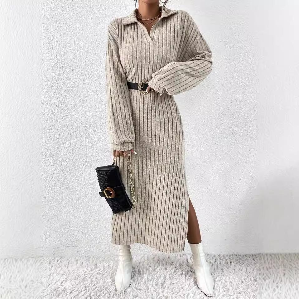 Rochie de damă cu mânecă lungă, culoare solidă, cu umeri și crăpături, toamnă și iarnă